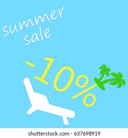 Vector summer sale 10%.Blue background with palm and chaise