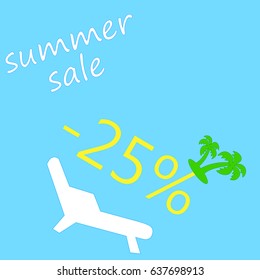 Vector summer sale 25%.Blue background with palm and chaise