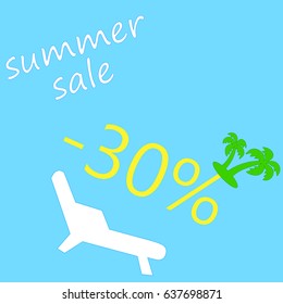 Vector summer sale 30%.Blue background with palm and chaise