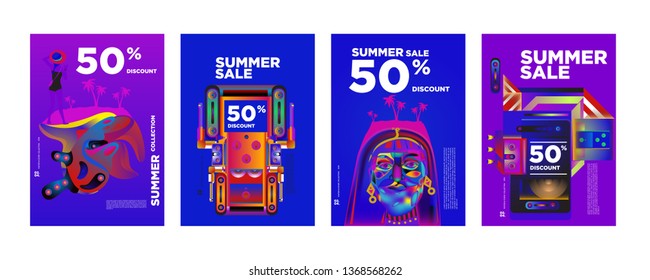 Vector Summer sale 50% discount poster design template for fashion, music, game, and travel.