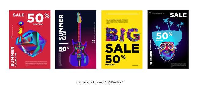 Vector Summer sale 50% discount poster design template for fashion, music, game, and travel.