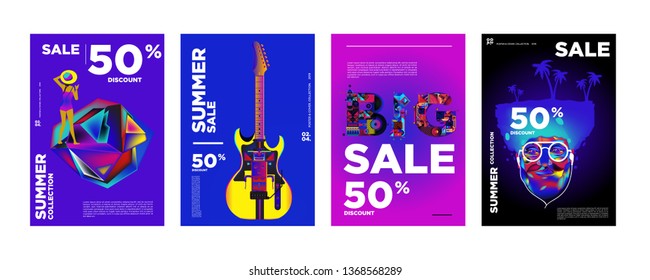 Vector Summer sale 50% discount poster design template for fashion, music, game, and travel.
