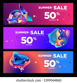 Vector summer sale 50% discount with fluid colorful background. Summer banner, website, poster, and sales promotion background set