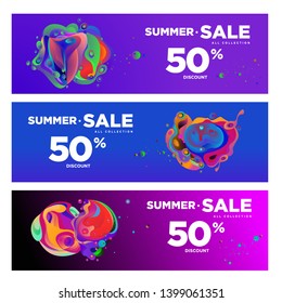 Vector summer sale 50% discount with fluid colorful background. Summer banner, website, poster, and sales promotion background set