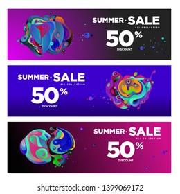 Vector summer sale 50% discount with fluid colorful background. Summer banner, website, poster, and sales promotion background set