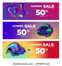 Vector summer sale 50% discount with fluid colorful background. Summer banner, website, 