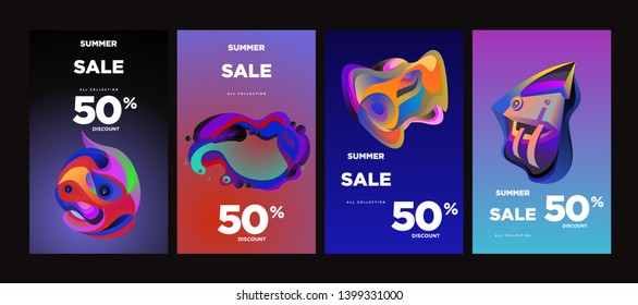Vector summer sale 50% discount with fluid colorful background. Summer banner, website, poster, and sales promotion background set.

