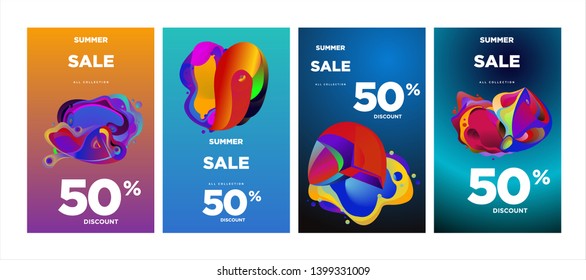 Vector summer sale 50% discount with fluid colorful background. Summer banner, website, poster, and sales promotion background set.
