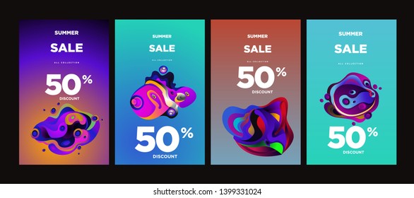 Vector summer sale 50% discount with fluid colorful background. Summer banner, website, poster, and sales promotion background set.

