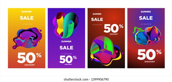 Vector summer sale 50% discount with fluid colorful background. Summer banner, website, poster, and sales promotion background set