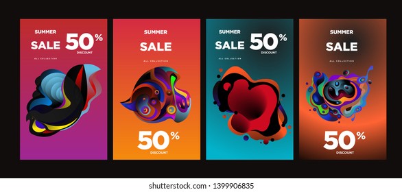 Vector summer sale 50% discount with fluid colorful background. Summer banner, website, poster, and sales promotion background set