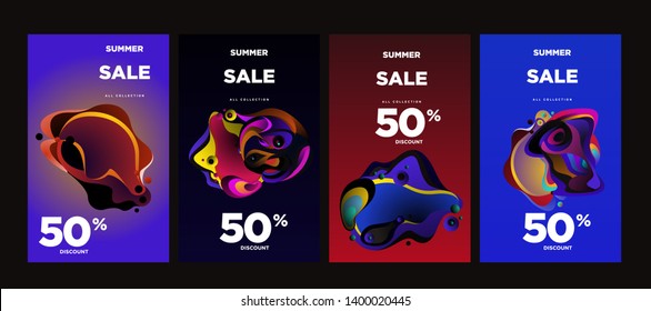 Vector summer sale 50% discount with fluid colorful background. Summer banner, website, poster, and sales promotion background set