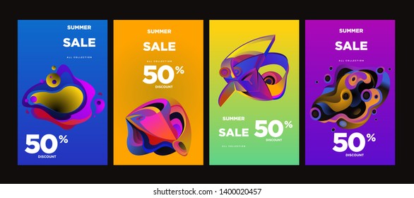 Vector summer sale 50% discount with fluid colorful background. Summer banner, website, poster, and sales promotion background set