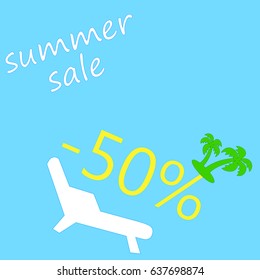 Vector summer sale 50%.Blue background with palm and chaise