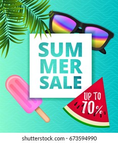 Vector summer sale background layout for banners. voucher discount. Top view on  sun glasses, watermelon, and palm leaves on blue water texture. Illustration. Invitation to nightclub and pool party.