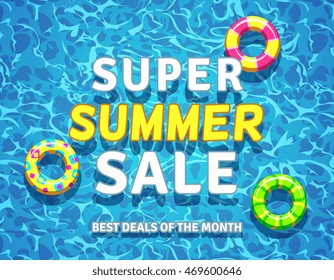 Vector summer sale background with swimming pool rings on blue water texture vector illustration