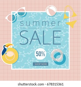 Vector summer sale background with swimming pool ring, sunglasses, hat, toucan, ball and swimming suite on blue water texture vector illustration.Top view of colorful pool.Summer sale design template.