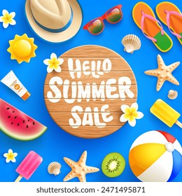 Vector of Summer sale banner with beach accessories,wood sign board,hat,sunglasses, sunscreen, flip flops,seashells,starfish, watermelon,ice cream and tropical fruits on blue background.