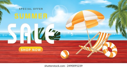 The vector of summer sale banner with the beach and sea and the blue sky in summer season and  umbrella beach, beach ball and canvas beach.