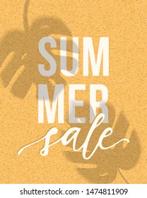 Vector summer sale banner design with realistic shadows of monstera leaves on sand background. Illustration with trendy transparent shadow overlay effect.