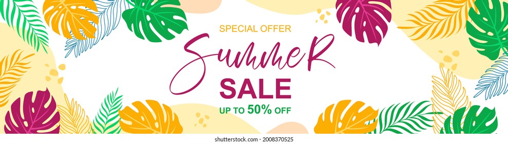 Plantilla de diseño de banner de venta de verano con hojas tropicales. Concepto de oferta de descuento.