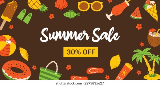 Vector summer sale banner. Discount advertisement. Invitation for shopping with 30 percent off. Summer poster template. Dark brown background.
