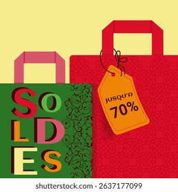 Vector Summer Sale Banner in French SOLDES D'ETE with red and pink shopping bags, orange tag Up to 70off and text DERNIERE DEMARQUE on turquoise background. Shop, boutique, online store or website.