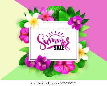 Vector summer sale banner with hand lettering and tropical flowers - alstroemeria, plumeria, hibiscus and leaves.