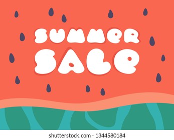 Vector summer sale banner on watermelon background. Fruit advertisment poster for children and summer holiday goods. White cute letters on red backdrop with black seeds and green water melon rind.