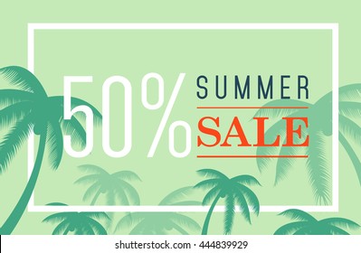 vector summer sale banner. Palm silhouette and text on blue background. Big discount