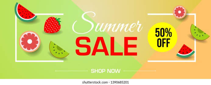 Vector summer sale banner with pieces of ripe fruit on colorful triangle