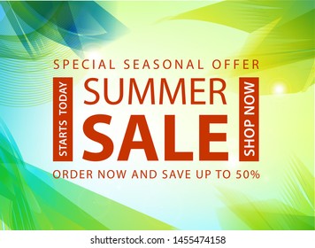 Vector summer sale banner, poster design, ad, flyer, brochure for print or web. Summer time art design, travel, discount template. Palm leaves, gradient background