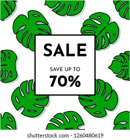 Vector Summer Sale banner. Save up yo 70 percent. Hot template with isolated pattern green exotic tropical palm leaves on a white background