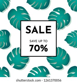 Vector Summer Sale banner. Save up yo 70%. Hot template with isolated pattern green exotic tropical palm leaves on a white background