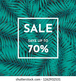 Vector Summer Sale banner. Save up to 70%. Hot template with isolated pattern green exotic tropical palm leaves on a black background