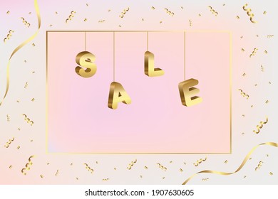 Vector summer sale banner template. Golden frame with confetti on the pink background.