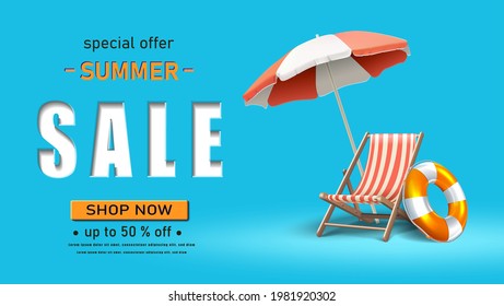 Vector summer sale banner template. Horizontal orientation. With sunbed and umbrella on blue background.