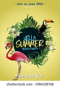 Vector summer sale banner template with tropical leaves and tukan and flamingo bird.
