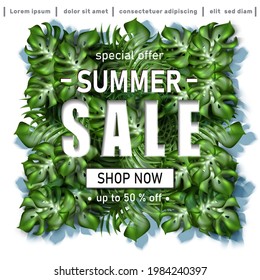 Vector summer sale banner template with tropical leaves.