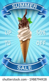 Vector summer sale banner template. Blue background with ice cream and blue ribbons.