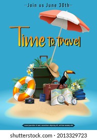 Vector Summer Sale Banner Template. Vertical Orientation With Luggage, Umbrella, Hat, Life Circle, Map, Camera On The Sand Island. Travel Tourist Concept.