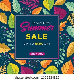 Vector summer sale banner template design with different leaves background