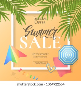 Vector summer sale banner with top view of palm leaves, kite, 3d realistic beach umbrella, towel and flip flops. Template with text and frame on the orange background for travel flyers and posters.