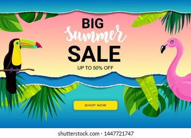 Vector Summer sale banner with tropic leaves, flamingo, toucan and paper cut effect. Good for sale flyers, cards, advertising, promo poster, web templates. Hand lettering word "summer".