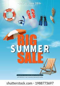 Vector summer sale big background with hanging elements on blue sky background.