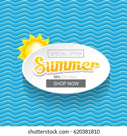 vector summer sale bright label design template . Summer sale banner or background with beautiful sun and calligraphic text on blue fresh wave background