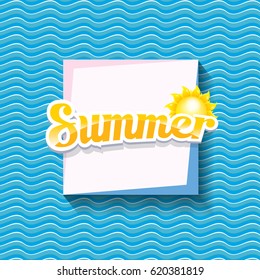 vector summer sale bright label design template . Summer sale banner or background with beautiful sun and calligraphic text on blue fresh wave background