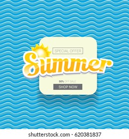 vector summer sale bright label design template . Summer sale banner or background with beautiful sun and calligraphic text on blue fresh wave background