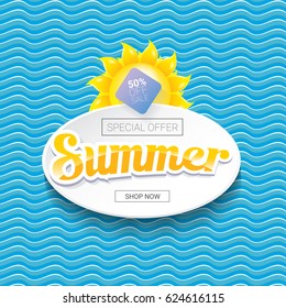 vector summer sale bright label design template . Summer sale banner or badge with beautiful sun and calligraphic text on blue fresh wave background