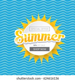 vector summer sale bright label design template . Summer sale banner or badge with beautiful sun and calligraphic text on blue fresh wave background